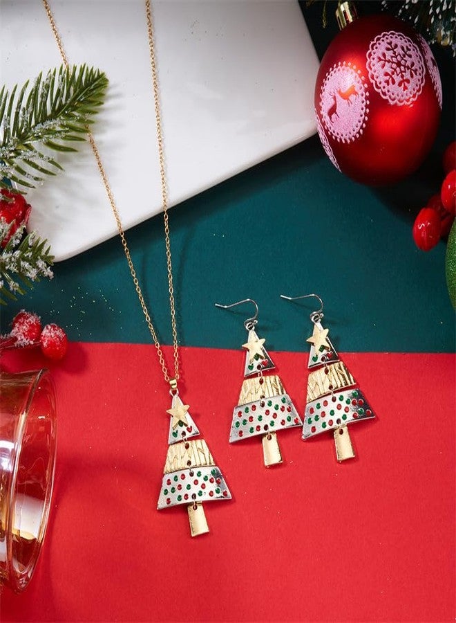 MarveBard Christmas Tree Necklace Earring Set for Women Red Green Layered Christmas Tree Pendant Necklace Fashion Layered Xmas Dangle Drop Earrings Xmas Holiday Set Christmas Holiday Winter Party Jewelry (Gold+Silver) - Image 2